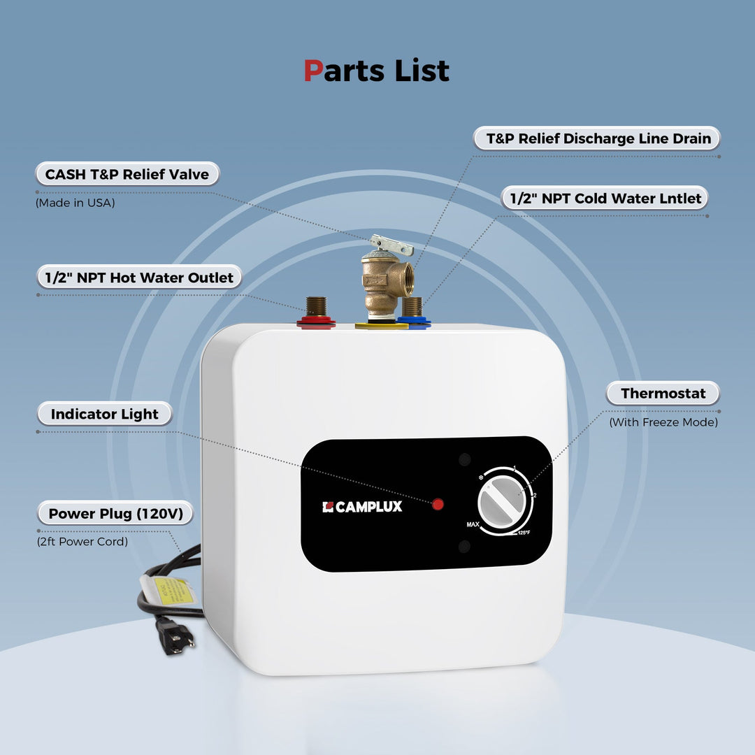 Camplux Electric Mini Tank Water Heater 120V - 1.3 Gallon