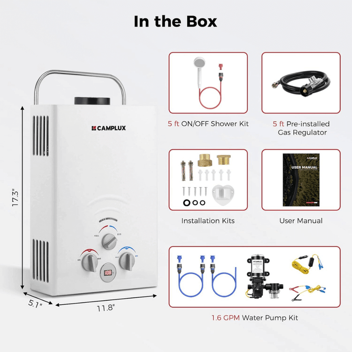 Camplux BW158P60 Camping Water Heater With Pump Kit