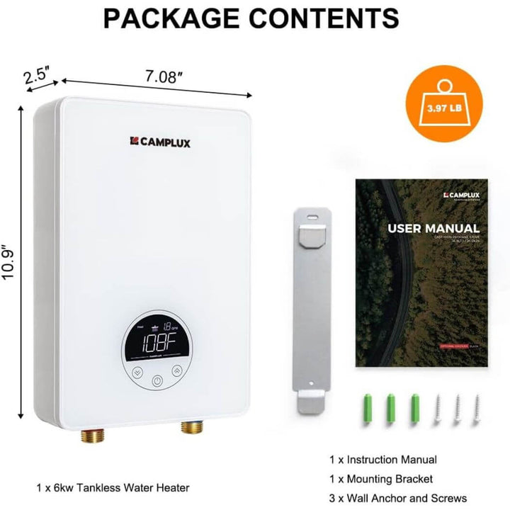 Camplux Electric Point of Use Tankless Water Heater, 6kW at 220~240V