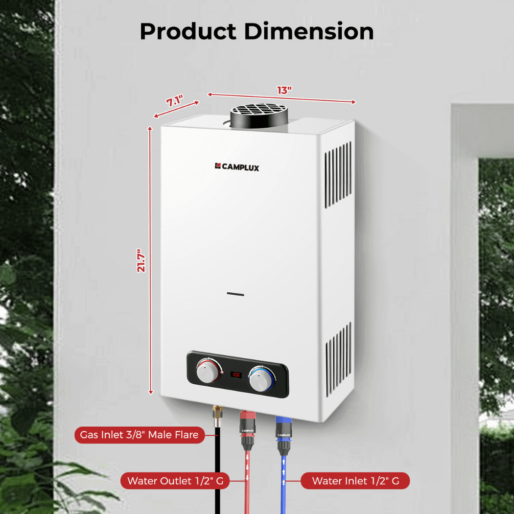 Tankless Water Heater, Camplux 2.64 GPM Outdoor Propane Water Heater, Gas Water Heater with 3.3 GPM Water Pump &amp; Pipe Strainer for Camping, Cabins