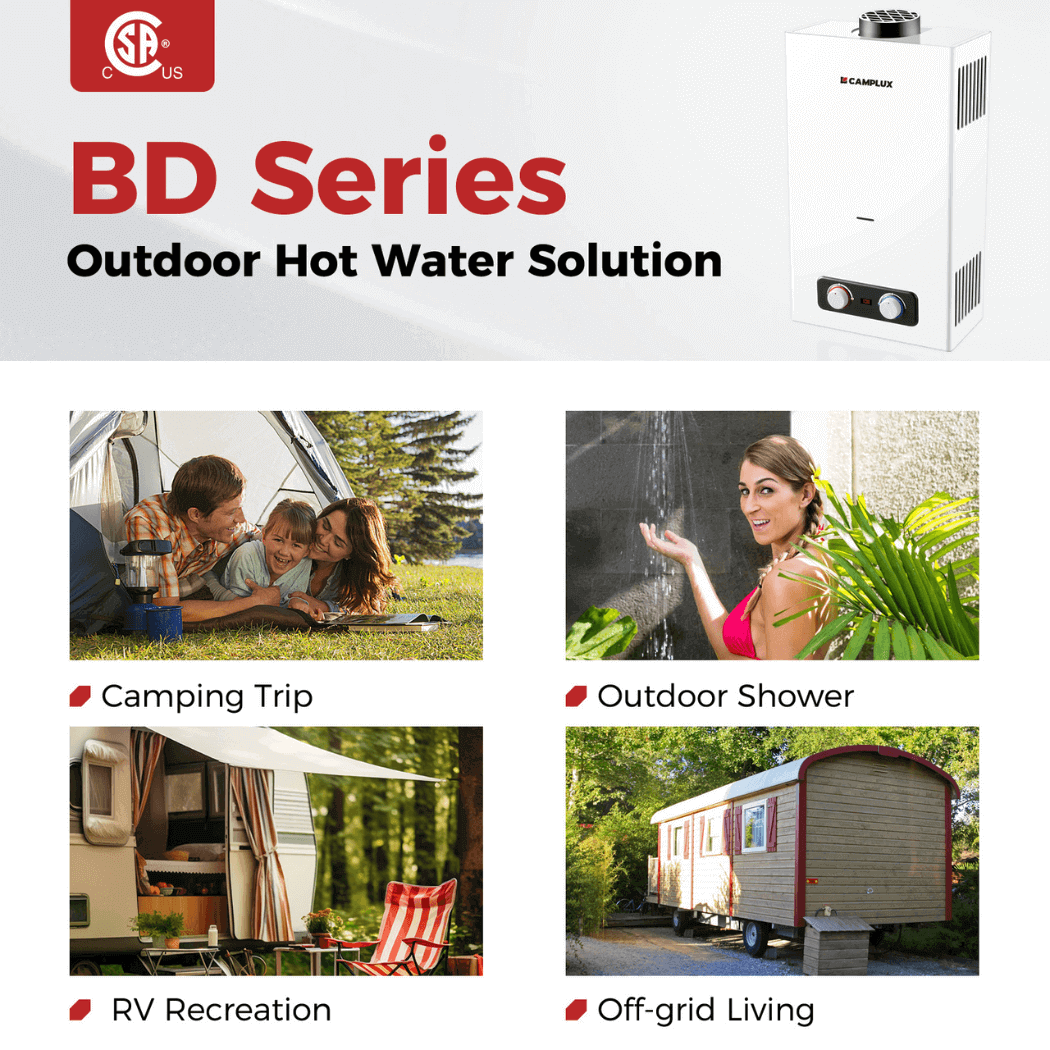 Tankless Water Heater, Camplux 2.64 GPM Outdoor Propane Water Heater, Gas Water Heater with 3.3 GPM Water Pump &amp; Pipe Strainer for Camping, Cabins