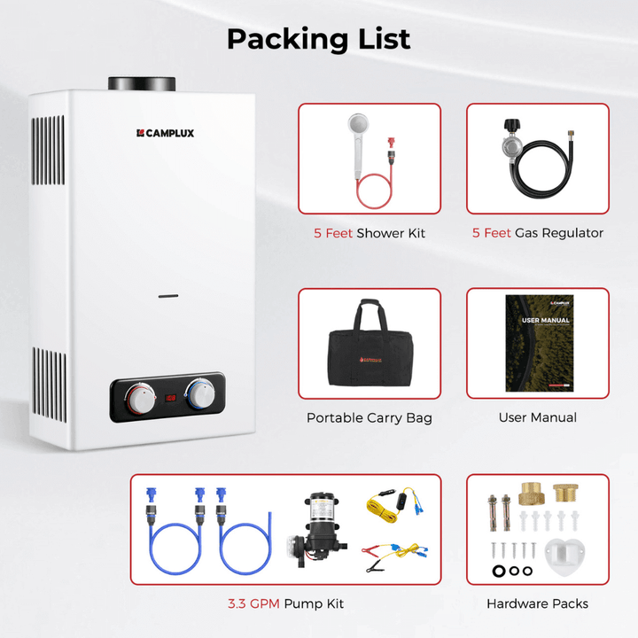 Tankless Water Heater, Camplux 2.64 GPM Outdoor Propane Water Heater, Gas Water Heater with 3.3 GPM Water Pump &amp; Pipe Strainer for Camping, Cabins