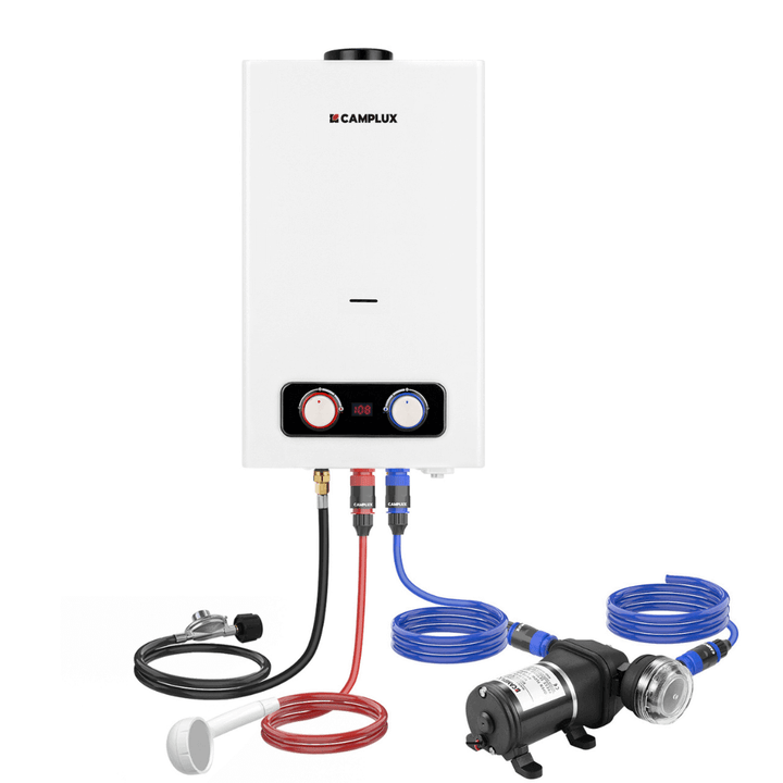 Tankless Water Heater, Camplux 2.64 GPM Outdoor Propane Water Heater, Gas Water Heater with 3.3 GPM Water Pump &amp; Pipe Strainer for Camping, Cabins