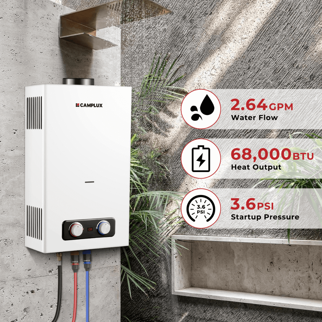 Tankless Water Heater, Camplux 2.64 GPM Outdoor Propane Water Heater, Gas Water Heater with 3.3 GPM Water Pump &amp; Pipe Strainer for Camping, Cabins