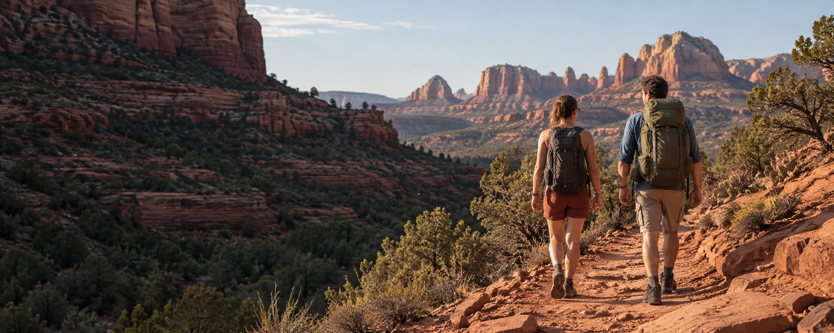 Two hikers wearing different-sized backpacks walking along a red-rock desert trail.