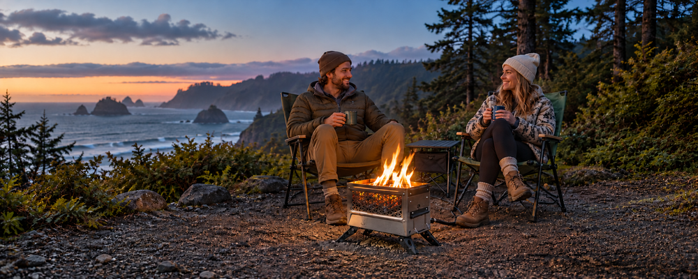 Two campers relaxing in camp chairs with warm drinks beside a propane firepit and a small camp table overlooking the coast at dusk.