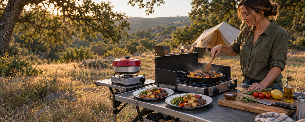 Camper preparing a skillet meal beside an Omnia stovetop oven at an oak meadow campsite.