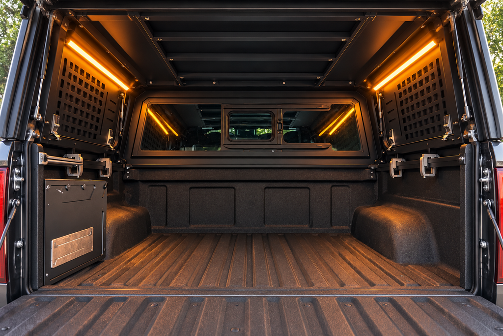 GTFO camper light kit in amber mode illuminating an empty truck bed, viewed through the open canopy