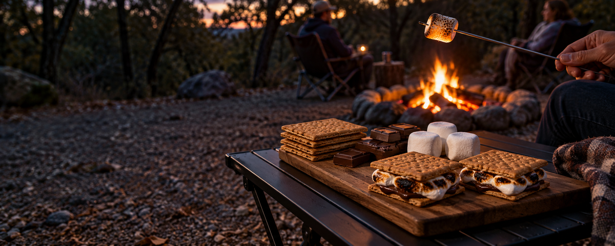 S’mores, chocolate and graham crackers on a camp table with a marshmallow roasting beside a campfire.