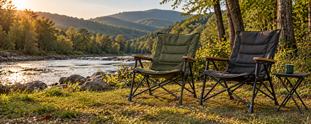 Olive and charcoal camp chairs beside a river with a warm drink on a small folding table.