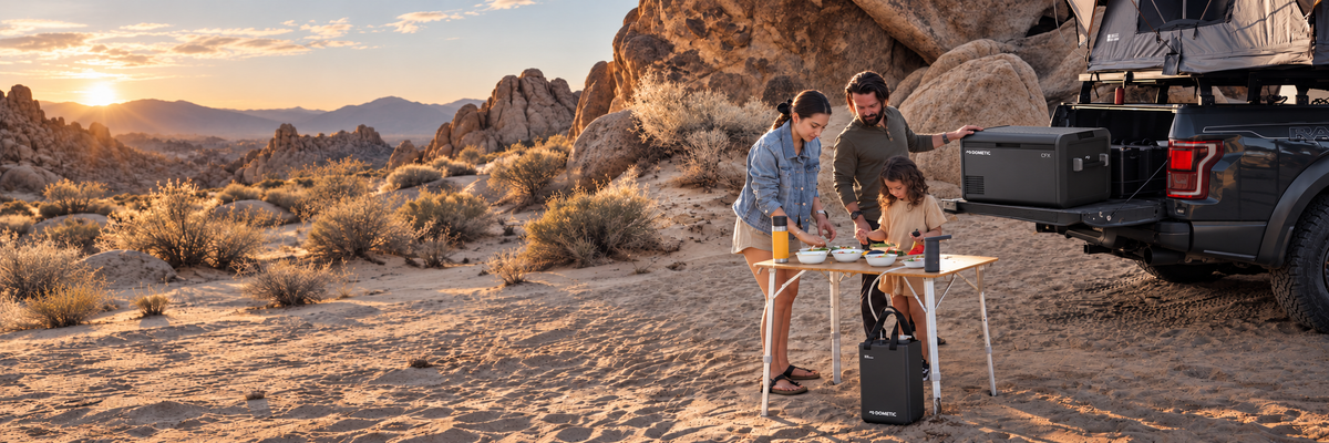 Family preparing dinner beside a Dometic CFX5 portable fridge on a truck tailgate at a desert campsite
