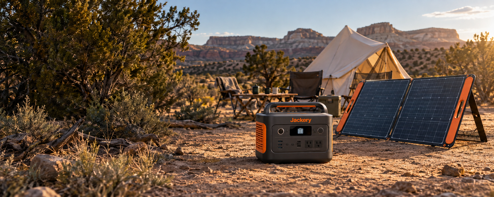 Jackery portable power station and folding solar panels at a desert campsite.
