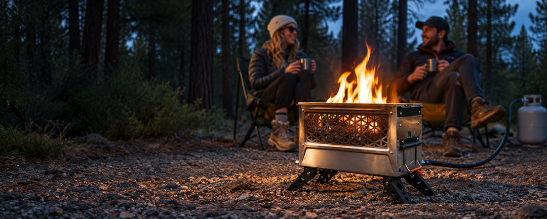 Portable stainless propane firepit burning at a woodland campsite with two campers relaxing behind it.