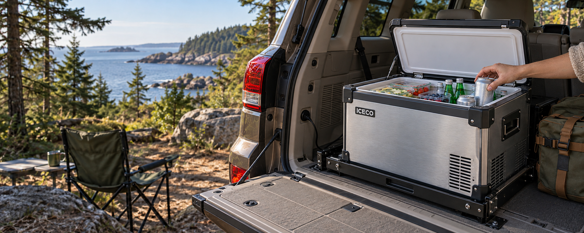 ICECO camping fridge with fresh food and cold drinks on a slide in the back of a Land Cruiser.