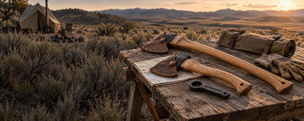 Camp axes with leather blade covers, a fuel-cap wrench, gloves and a map at a desert campsite.