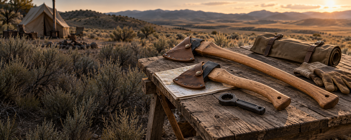 Camp axes with leather blade covers, a fuel-cap wrench, gloves and a map at a desert campsite.