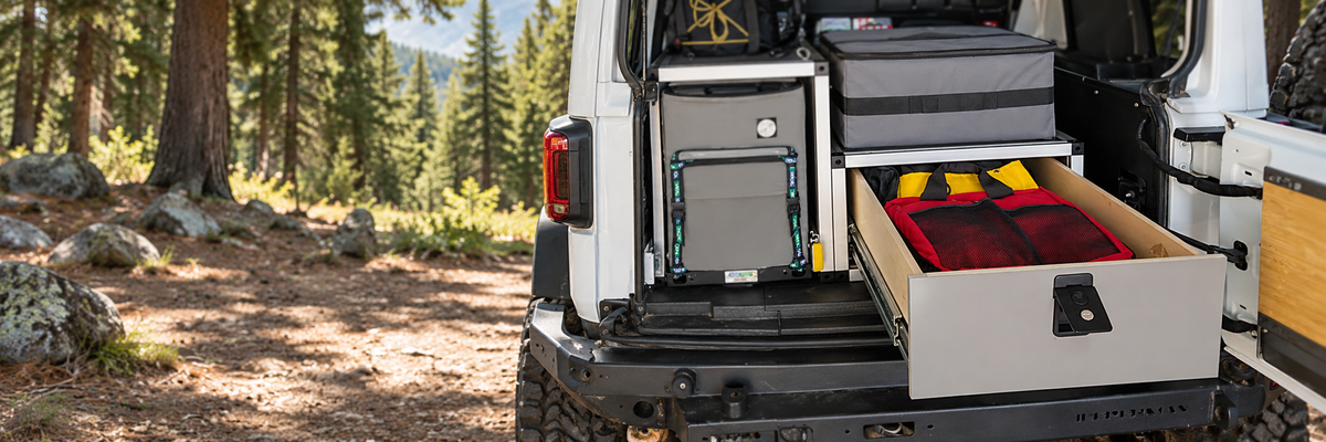 Goose Gear drawer extended from an organized vehicle storage system at a wooded trailhead