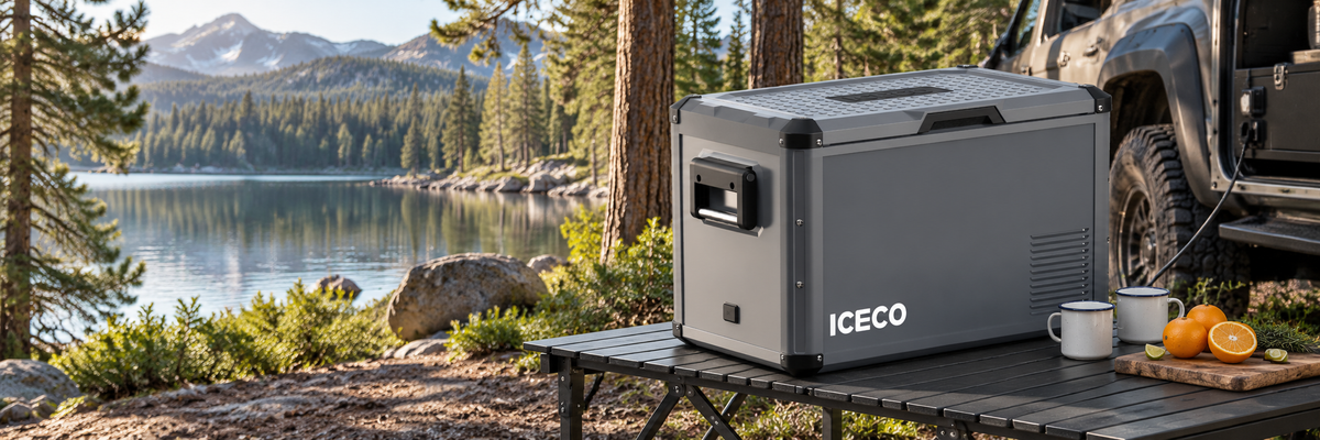 Gray ICECO portable fridge beside an overland vehicle at a forest lakeside campsite