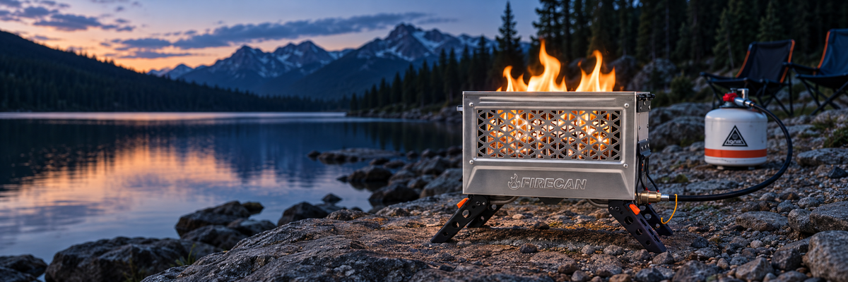 Ignik FireCan propane fire pit beside a mountain lake at dusk