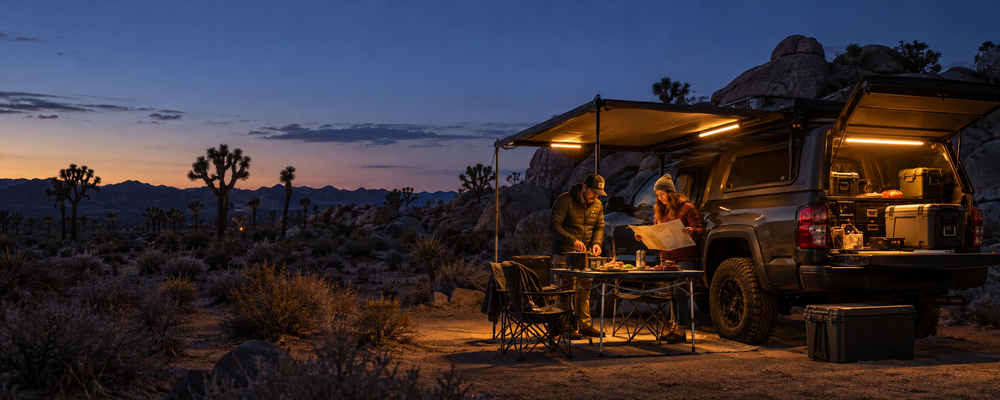 Two campers preparing dinner under warm LED camp lights at a Mojave desert campsite at dusk.