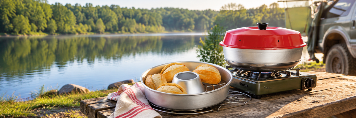 Red Omnia stovetop oven and freshly baked bread at a lakeside overland camp kitchen