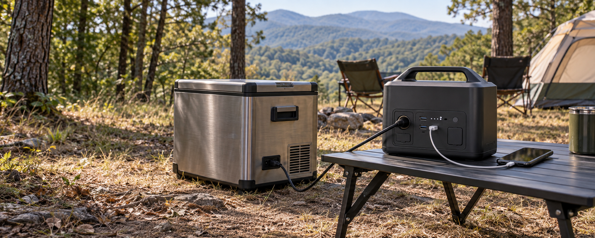 Portable battery powering a camp fridge and charging a phone at a woodland campsite.