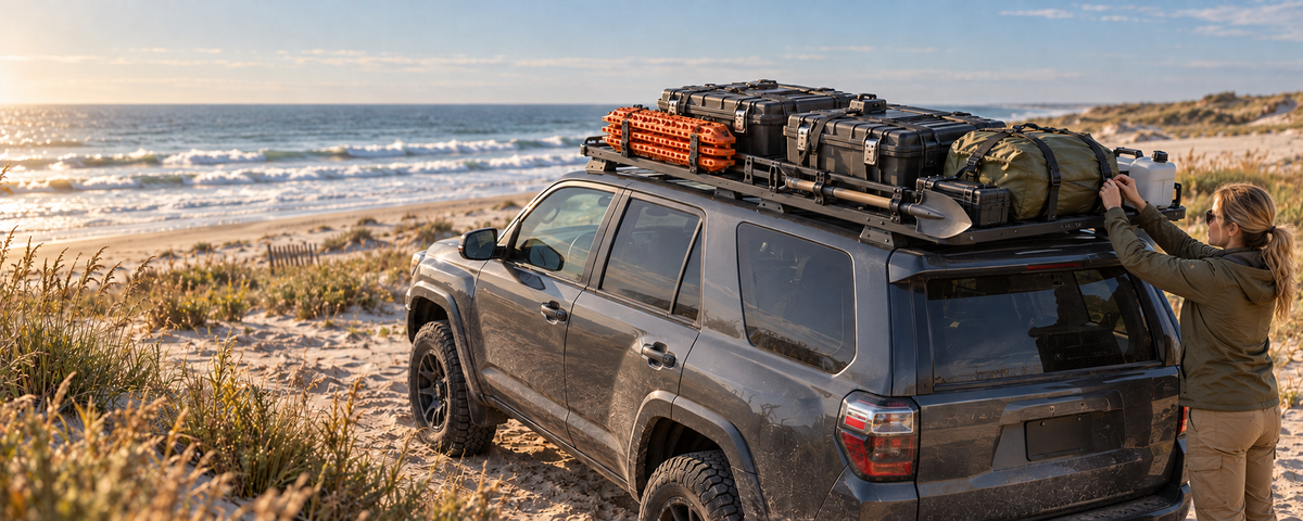 Woman securing gear on a loaded SUV roof rack beside the Atlantic Ocean, with cases, traction boards and a shovel.