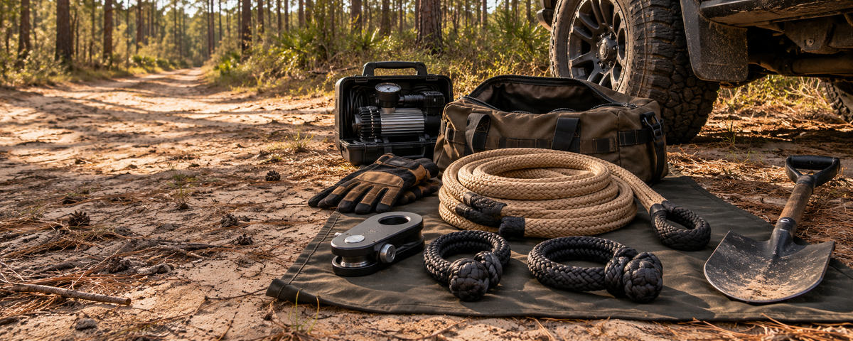 Recovery rope, soft shackles, gloves, shovel and compressor organized beside a trail vehicle.