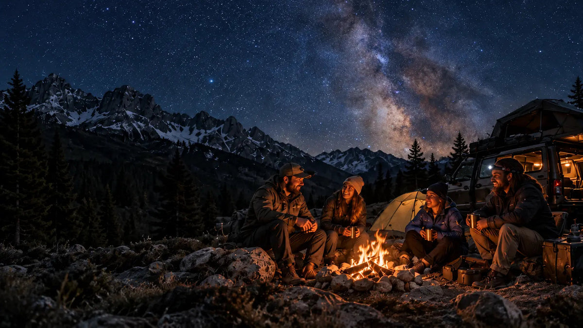 Friends gathered around a campfire under a starry mountain sky