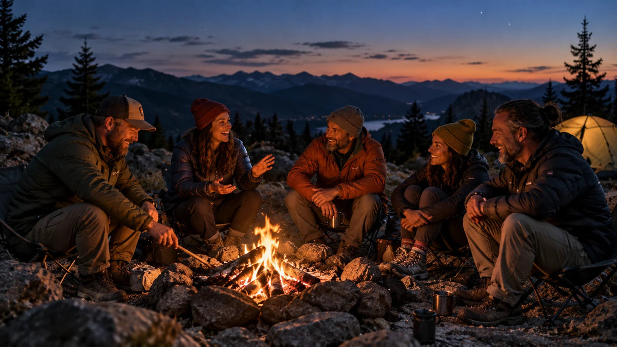 Friends sharing stories around a campfire at a mountain campsite