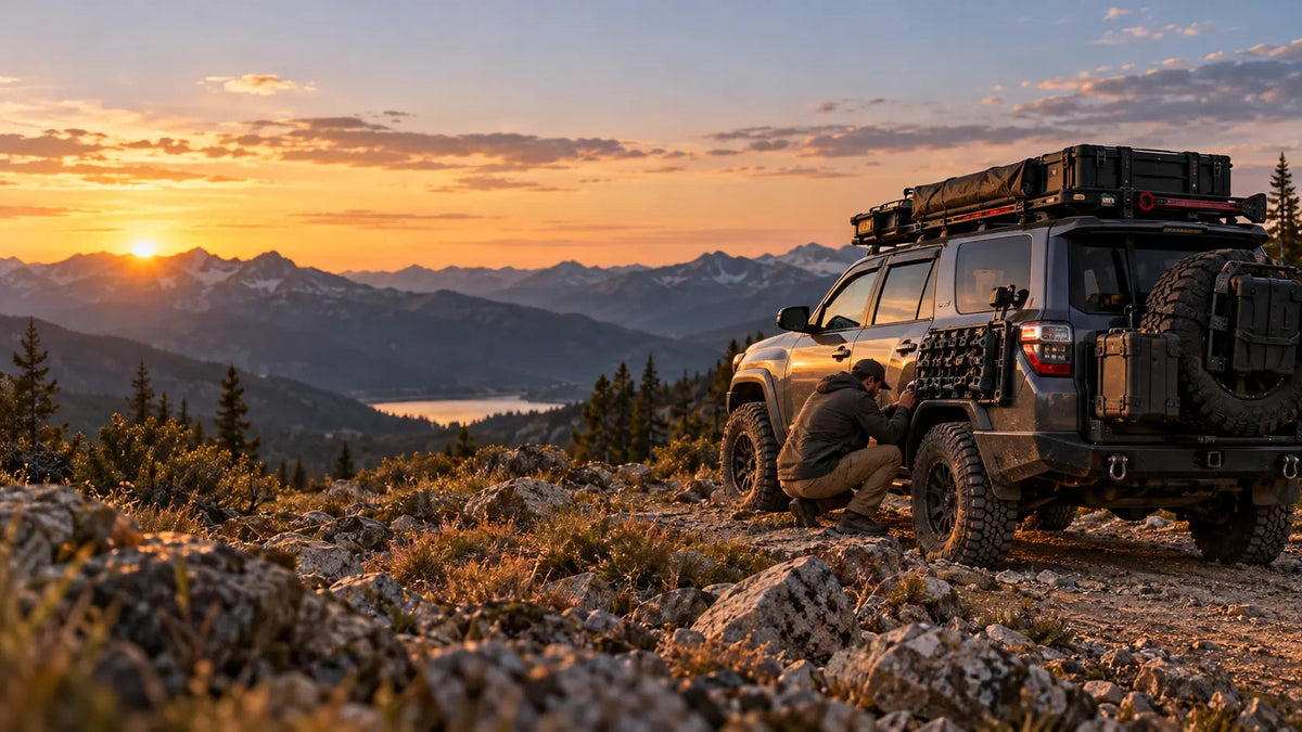Preparing outdoor gear beside an overland vehicle