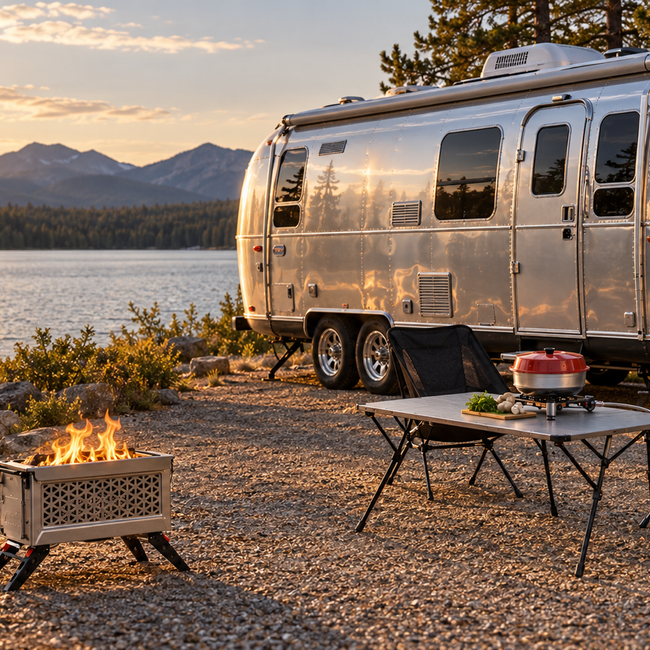 An Airstream and outdoor campsite beside a mountain lake