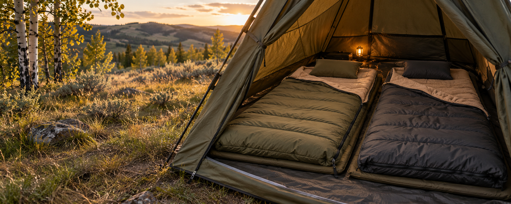 Two roomy sleeping bags with soft linings and pillows inside a canvas tent.