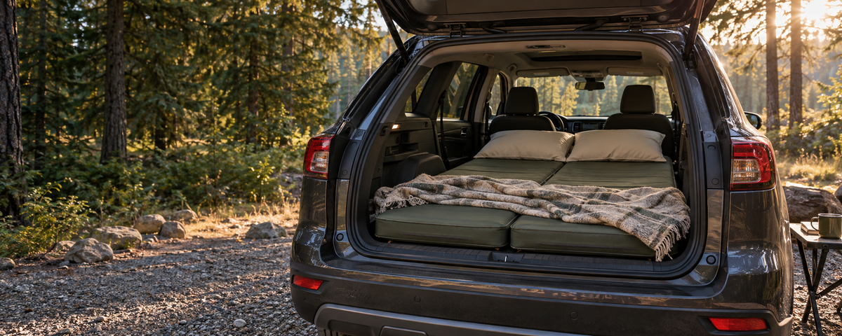 Two sleeping mats with pillows and a blanket inside an SUV at a forest campsite.