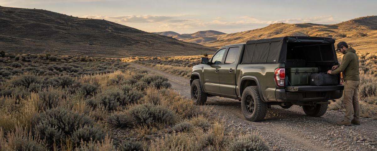 Pickup with a fabric soft cap at a high-desert campsite.