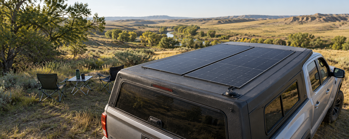 Two low-profile solar panels on a pickup camper roof beside a prairie campsite.