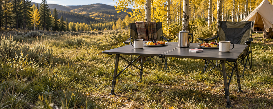 Folding camp table set with breakfast, coffee and playing cards at an autumn meadow campsite.