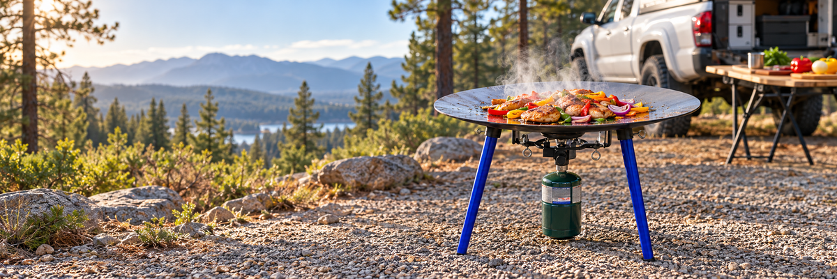 TemboTusk Skottle cooking chicken and peppers at a mountain campsite