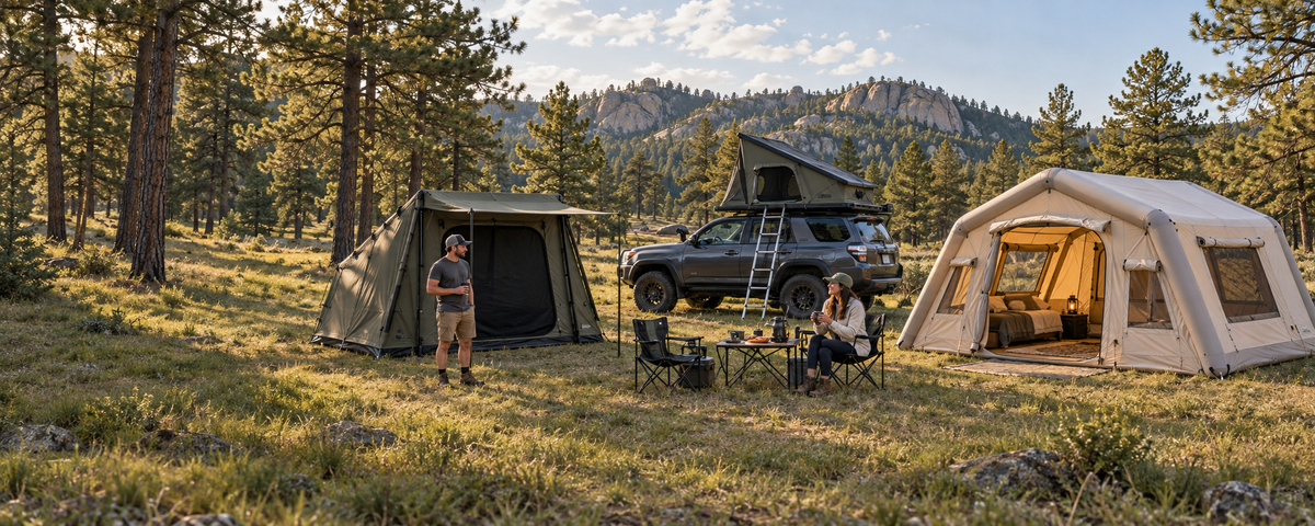 Ground tents, a rooftop tent, and an overland vehicle at a woodland campsite.