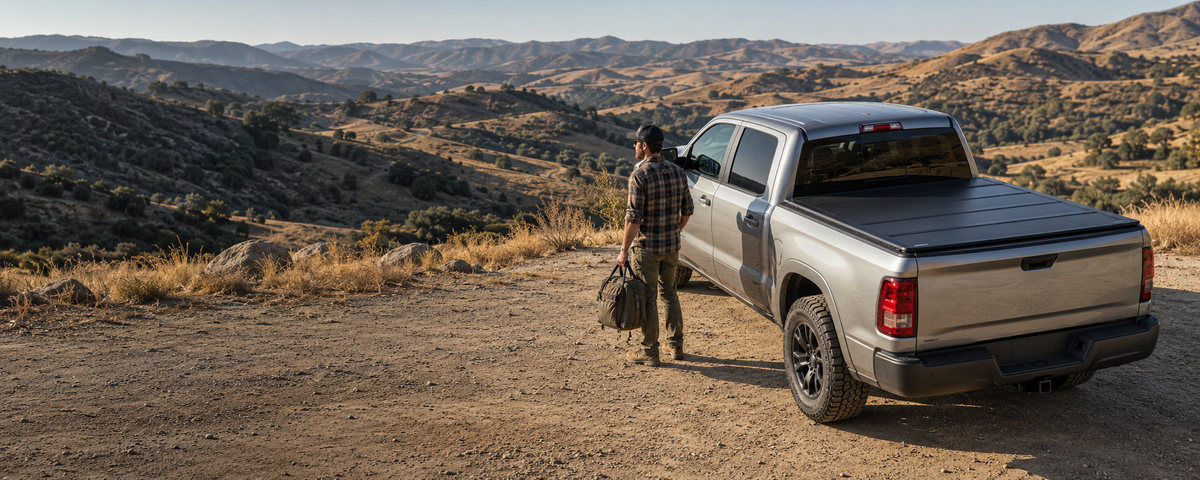 Pickup with a low-profile folding tonneau cover in dry California foothills.