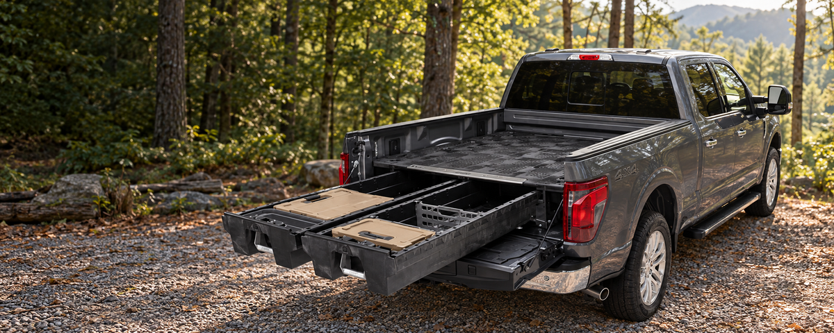 Gray pickup with two extended bed-storage drawers at a wooded campsite.