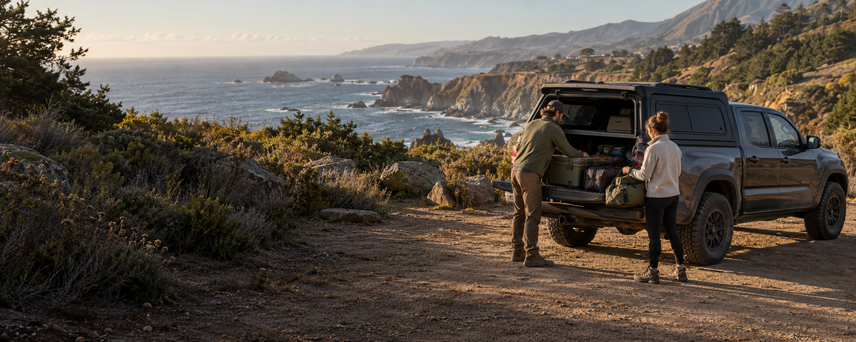 Two campers unloading gear from a pickup with a hard camper shell at a coastal campsite.