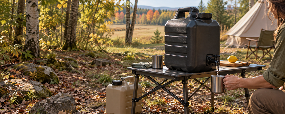Camper filling a stainless cup from a water container at an autumn woodland campsite.