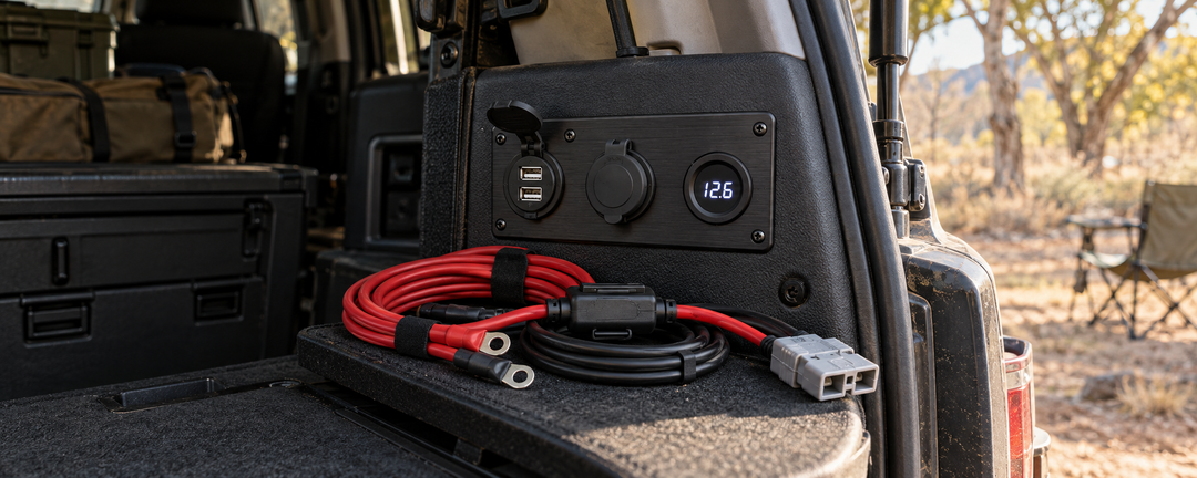 Vehicle power panel with USB sockets and a voltmeter beside organized power cables and connectors.