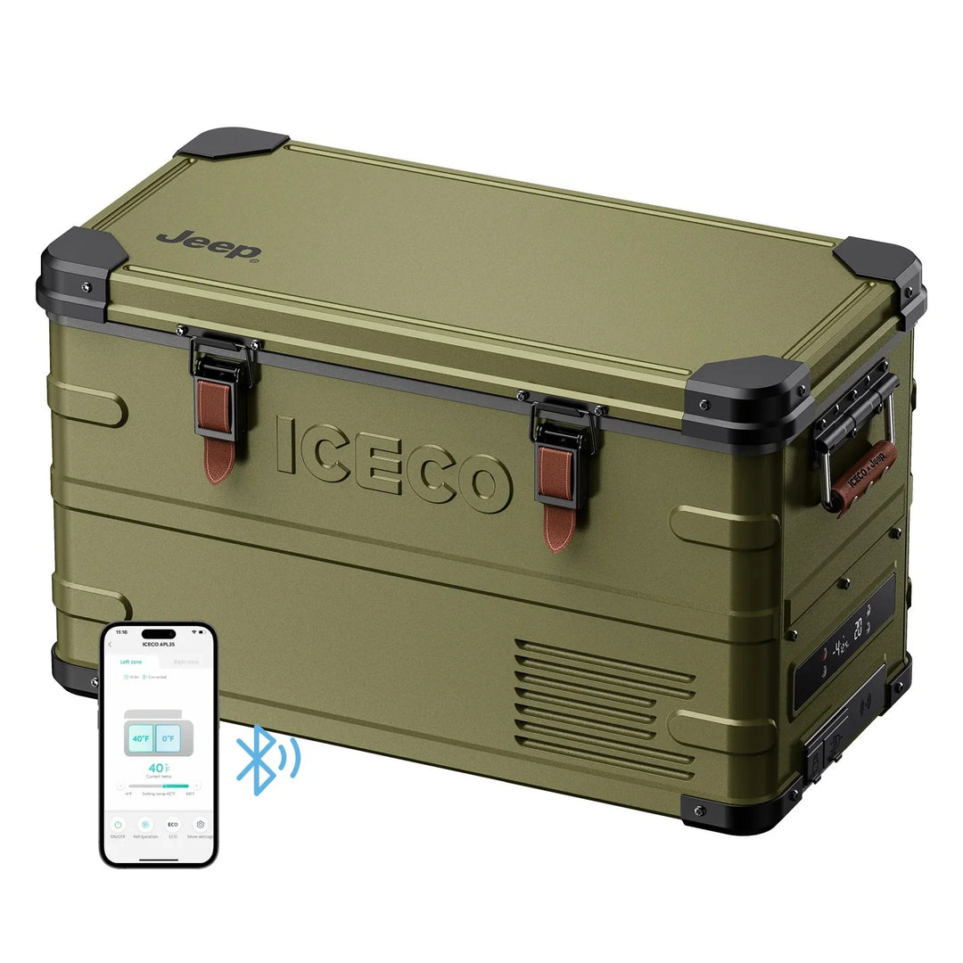An olive green ICECO portable power station styled like a rugged Jeep-style utility box, shown on a white background with a smartphone app control graphic and Bluetooth symbol overlaid in the lower left.
