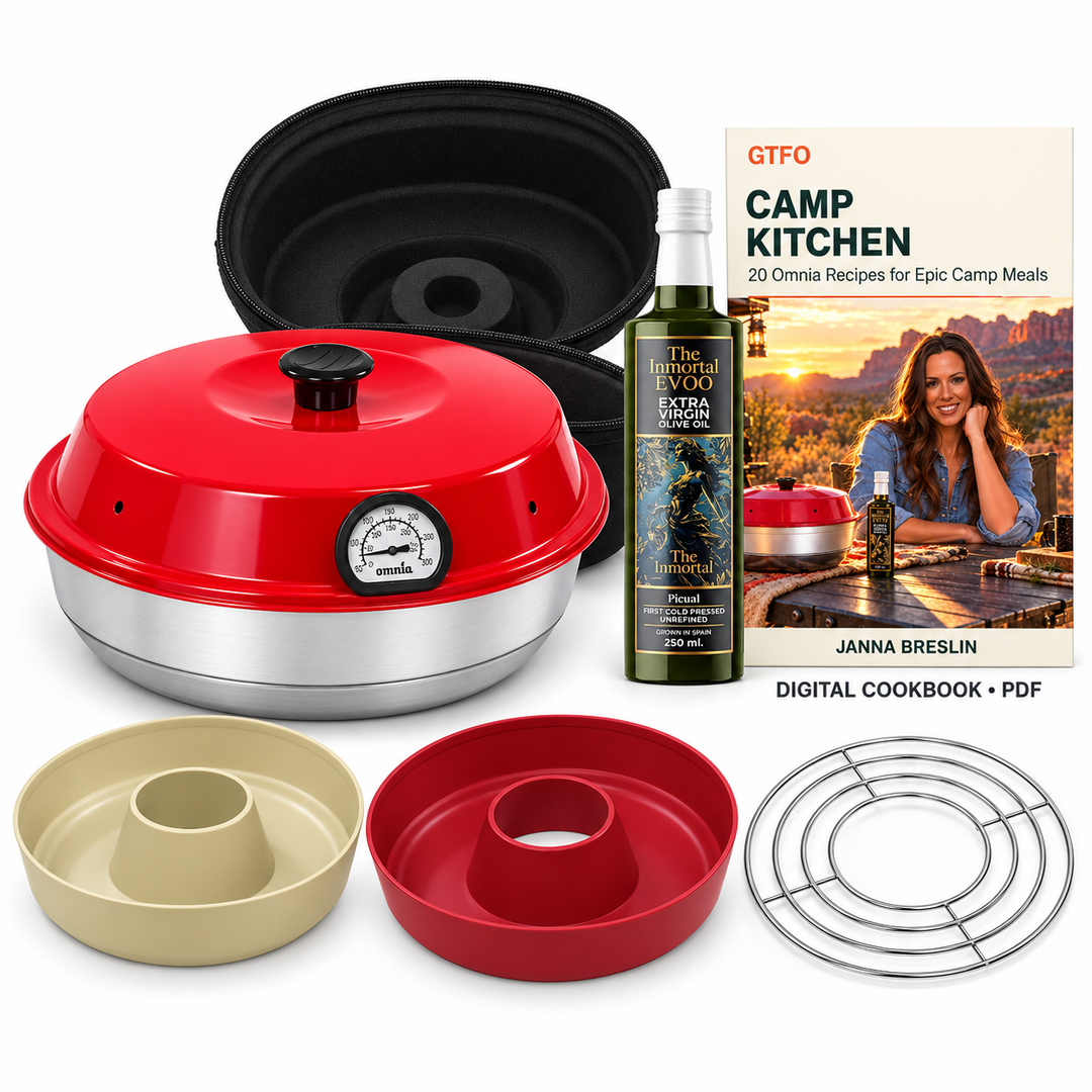 Omnia camping bundle: oven, case, two silicone inserts, rack and thermometer, plus included 250 ml Immortal Olive Oil and Janna Breslin digital cookbook