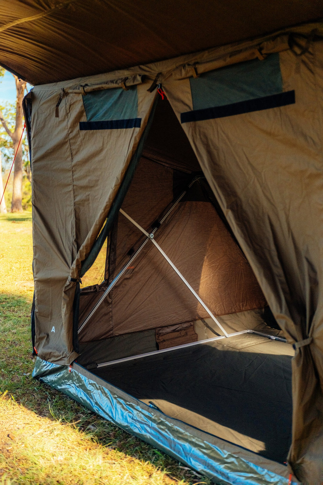 Oztent RV-5 doorway and internal folding frame during setup
