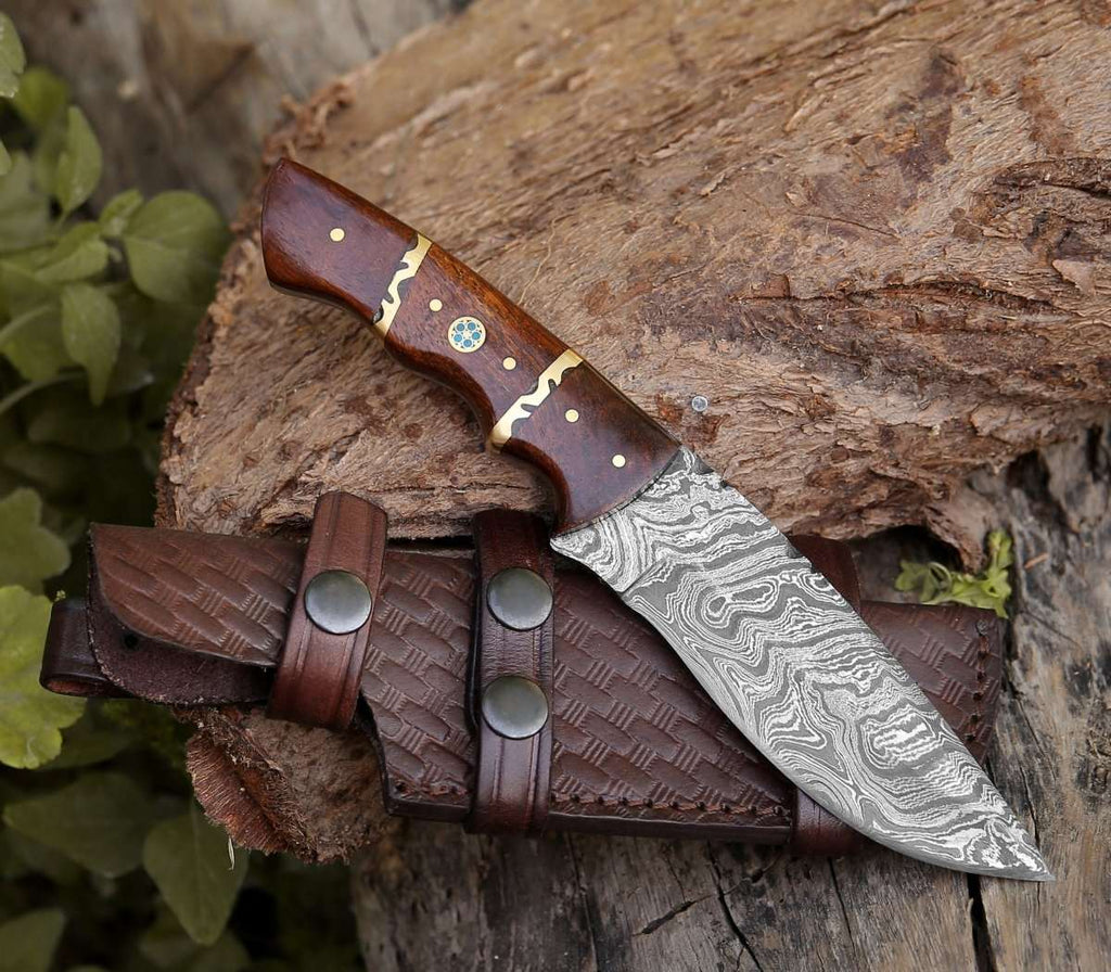 Fang Damascus Camp Knife with Rose Wood Handle
