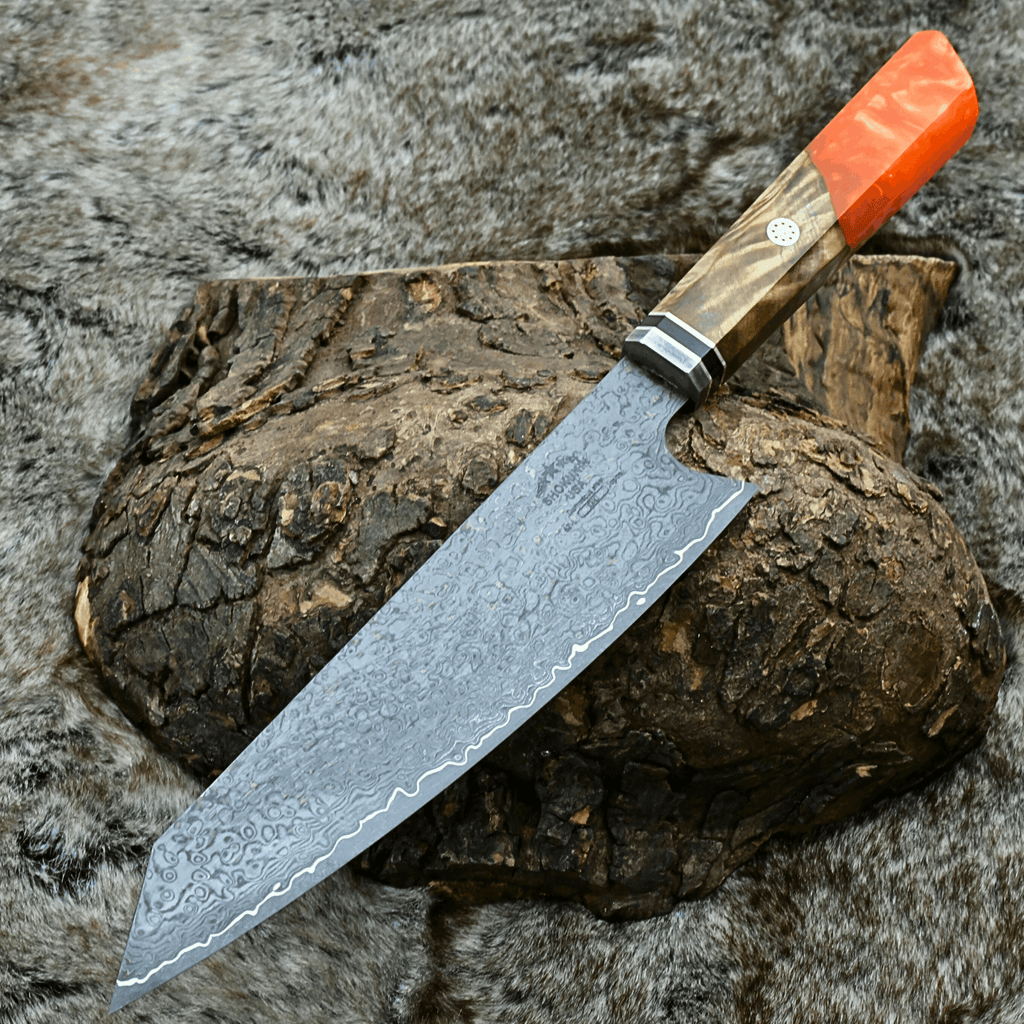 Aurora VG10 Damascus Chef Knife with Exotic Olive Wood Burl & Orange Pearl Resin Handle