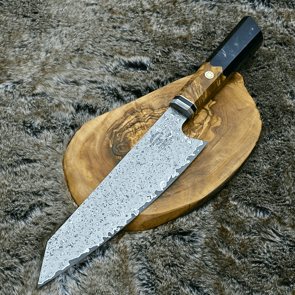 Aurora VG10 Damascus Knife with Olive Wood Burl & Black Pearl Resin Handle